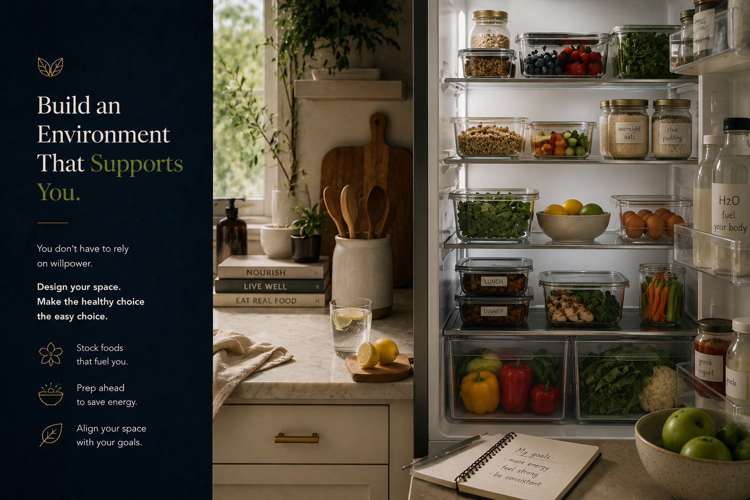 Breakthrough Health visual showing a supportive food environment with prepared foods and an organized refrigerator.